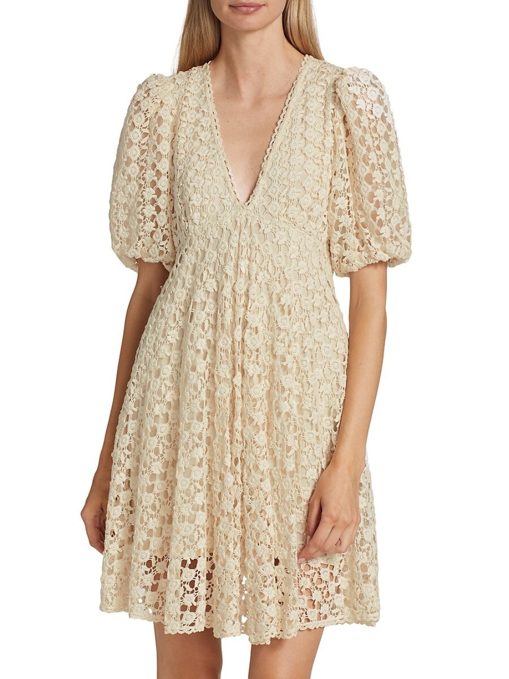 byTiMo Puff-Sleeve Lace Crochet Minidress